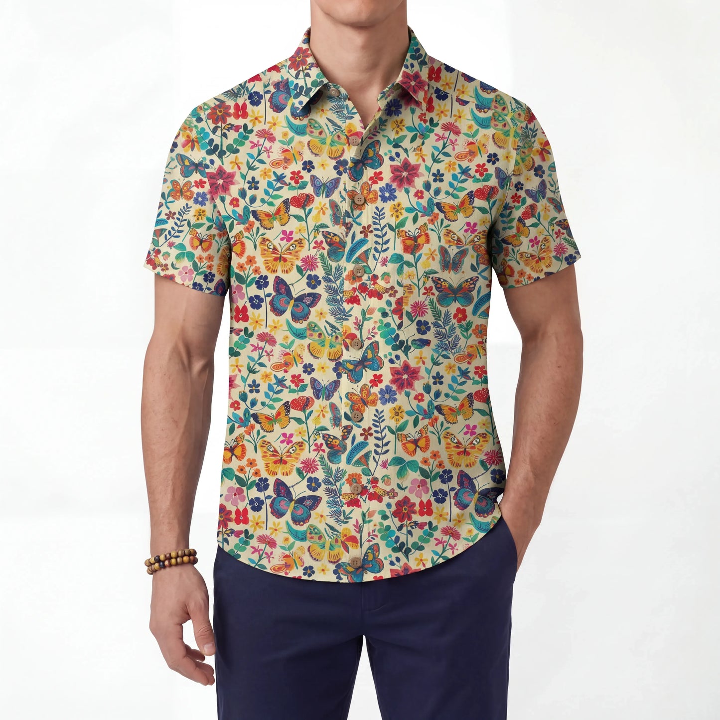 LeosWare® Men's Hawaiian Shirt Short Sleeve Button-up 100% Cotton Beige Aloha Butterfly Whispers In Full Bloom