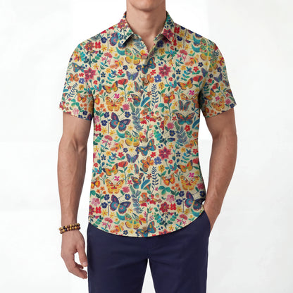 LeosWare® Men's Hawaiian Shirt Short Sleeve Button-up 100% Cotton Beige Aloha Butterfly Whispers In Full Bloom