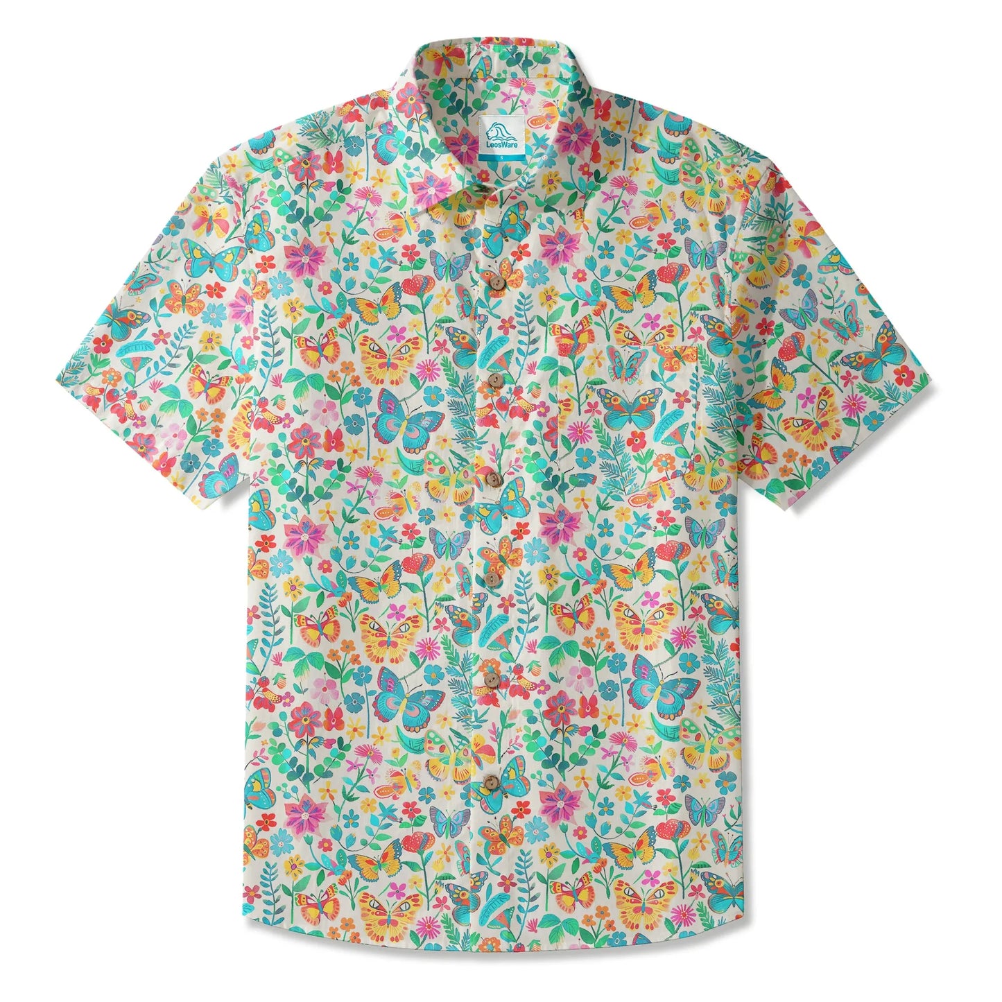 LeosWare® Men's Hawaiian Shirt Short Sleeve Button-up 100% Cotton Blue Aloha Dance Of The Butterfly Blossom Collection