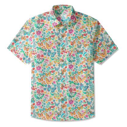 LeosWare® Men's Hawaiian Shirt Short Sleeve Button-up 100% Cotton Blue Aloha Dance Of The Butterfly Blossom Collection