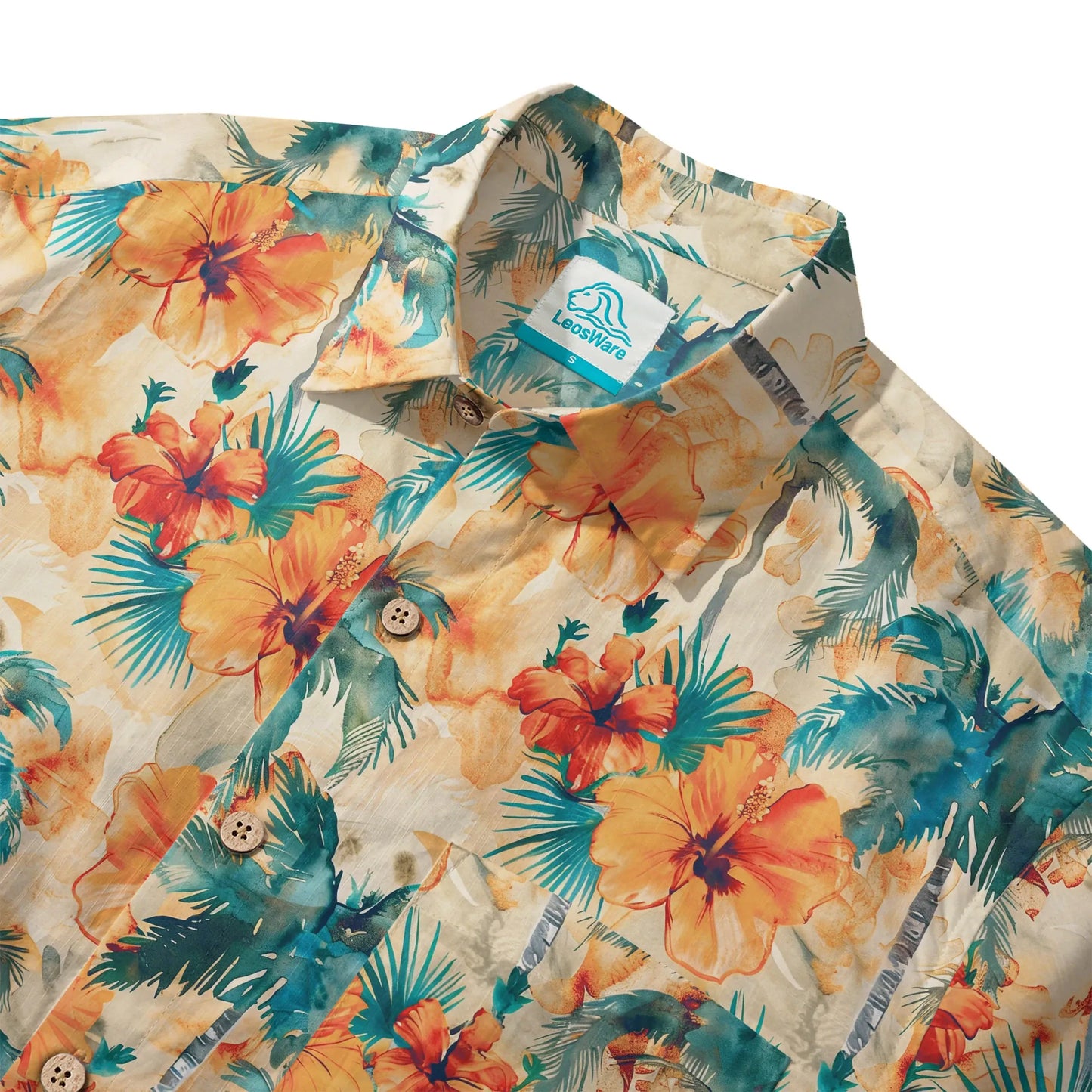 LeosWare® Men's Hawaiian Shirt Short Sleeve Button-up 100% Cotton Orange Aloha Sunset Orange Coconut Breeze