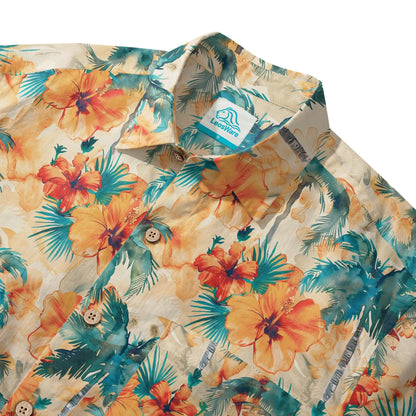 LeosWare® Men's Hawaiian Shirt Short Sleeve Button-up 100% Cotton Orange Aloha Sunset Orange Coconut Breeze