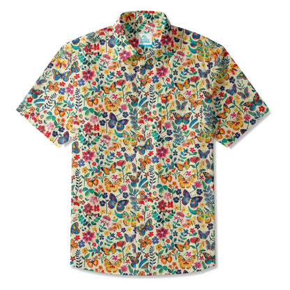 LeosWare® Men's Hawaiian Shirt Short Sleeve Button-up 100% Cotton Beige Aloha Butterfly Whispers In Full Bloom