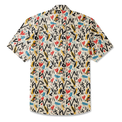 LeosWare® Men's Hawaiian Shirt Short Sleeve Button-up 100% Cotton Beige Aloha Graffiti Impressions
