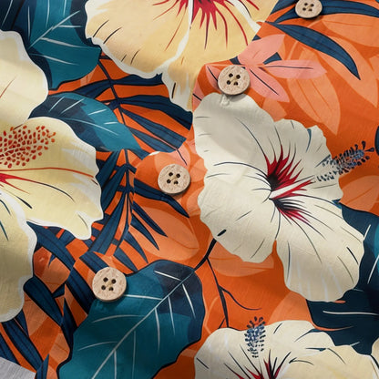 LeosWare® Men's Hawaiian Shirt Short Sleeve Button-up 100% Cotton Orange Aloha Blooming Orange Hibiscus