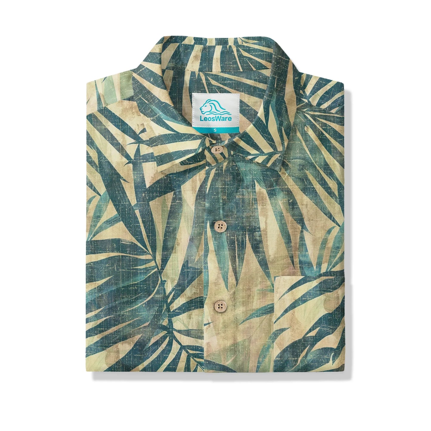 LeosWare® Men's Hawaiian Shirt Short Sleeve Button-up 100% Cotton Green Aloha Vintage Palm