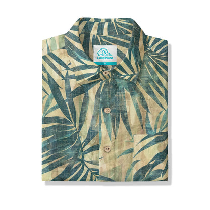 LeosWare® Men's Hawaiian Shirt Short Sleeve Button-up 100% Cotton Green Aloha Vintage Palm