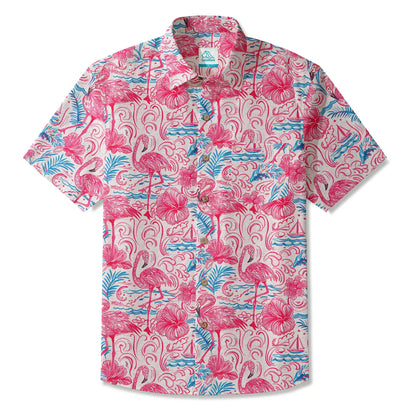 Flamingo LeosWare® Men's Hawaiian Shirt Short Sleeve Button-up 100% Cotton Aloha Coastal Whisked Powder