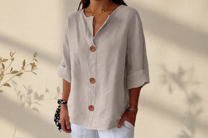 Women’s V-Neck Cotton Linen Buttoned Blouse