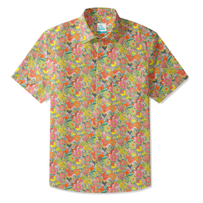 LeosWare® Men's Hawaiian Shirt Short Sleeve Button-up 100% Cotton Green Aloha Spring Blossom Notes