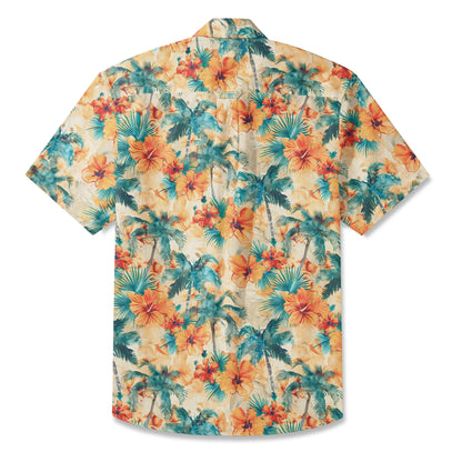 LeosWare® Men's Hawaiian Shirt Short Sleeve Button-up 100% Cotton Orange Aloha Sunset Orange Coconut Breeze