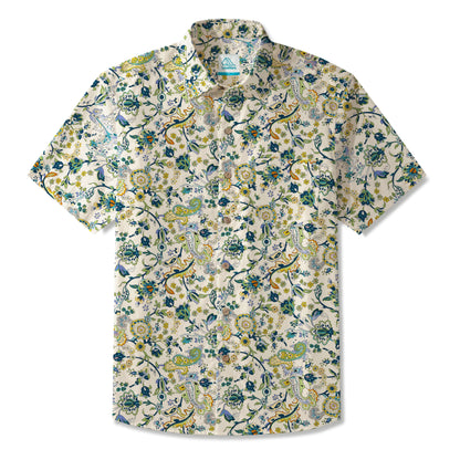 LeosWare® Men's Hawaiian Shirt Short Sleeve Button-up 100% Cotton Green Aloha Vintage Almond Blossom