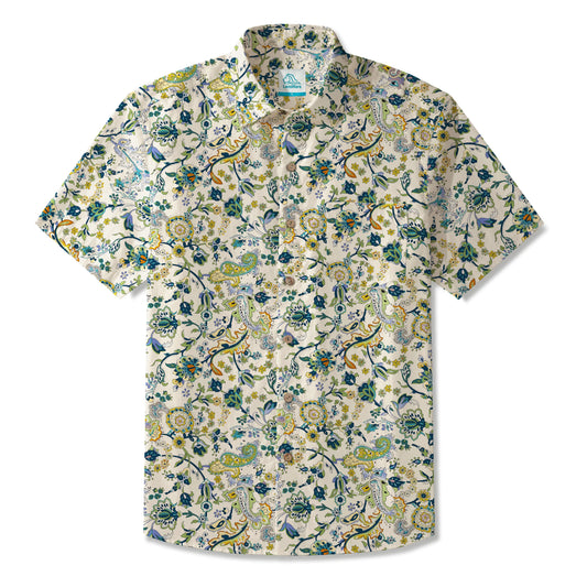 LeosWare® Men's Hawaiian Shirt Short Sleeve Button-up 100% Cotton Green Aloha Vintage Almond Blossom