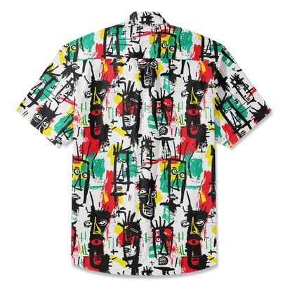 LeosWare® Men's Hawaiian Shirt Short Sleeve Button-up 100% Cotton White Aloha Quirky Face Doodles