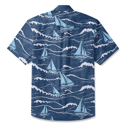 LeosWare® Sailboat Men's Hawaiian Shirt Short Sleeve Button-up 100% Cotton Blue Aloha Blue Sail Adventure