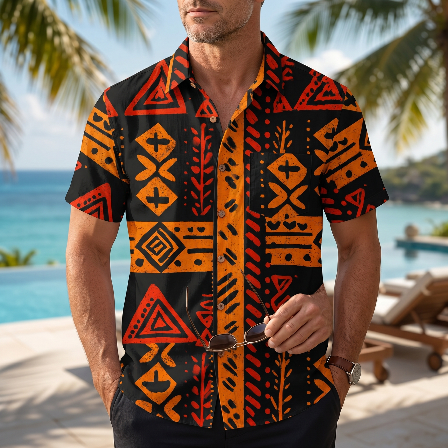 LeosWare® Men's Hawaiian Shirt Short Sleeve Button-up 95% Polyester, 5% Spandex Aloha Ember Tribe