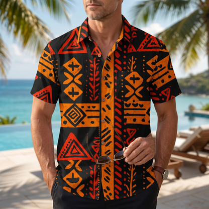 LeosWare® Men's Hawaiian Shirt Short Sleeve Button-up 95% Polyester, 5% Spandex Aloha Ember Tribe