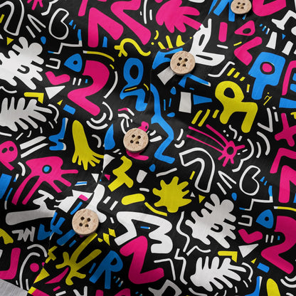 LeosWare® Men's Hawaiian Shirt Short Sleeve Button-up 100% Cotton Black Aloha Graffiti Fun