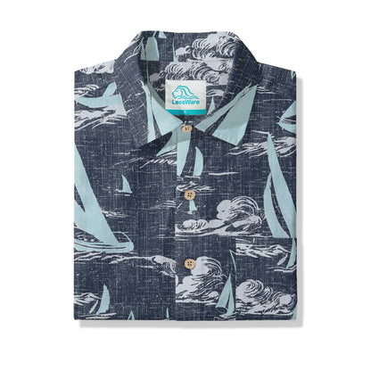LeosWare® Sailboat Men's Hawaiian Shirt Short Sleeve Button-up 100% Cotton Blue Aloha Sailing To The Horizon