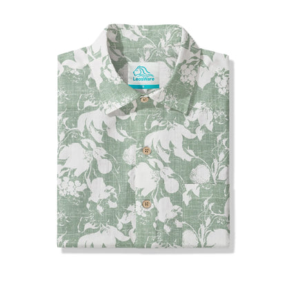 LeosWare® Flower Men's Hawaiian Shirt Short Sleeve Button-up 100% Cotton Green Aloha Verdant Memoirs