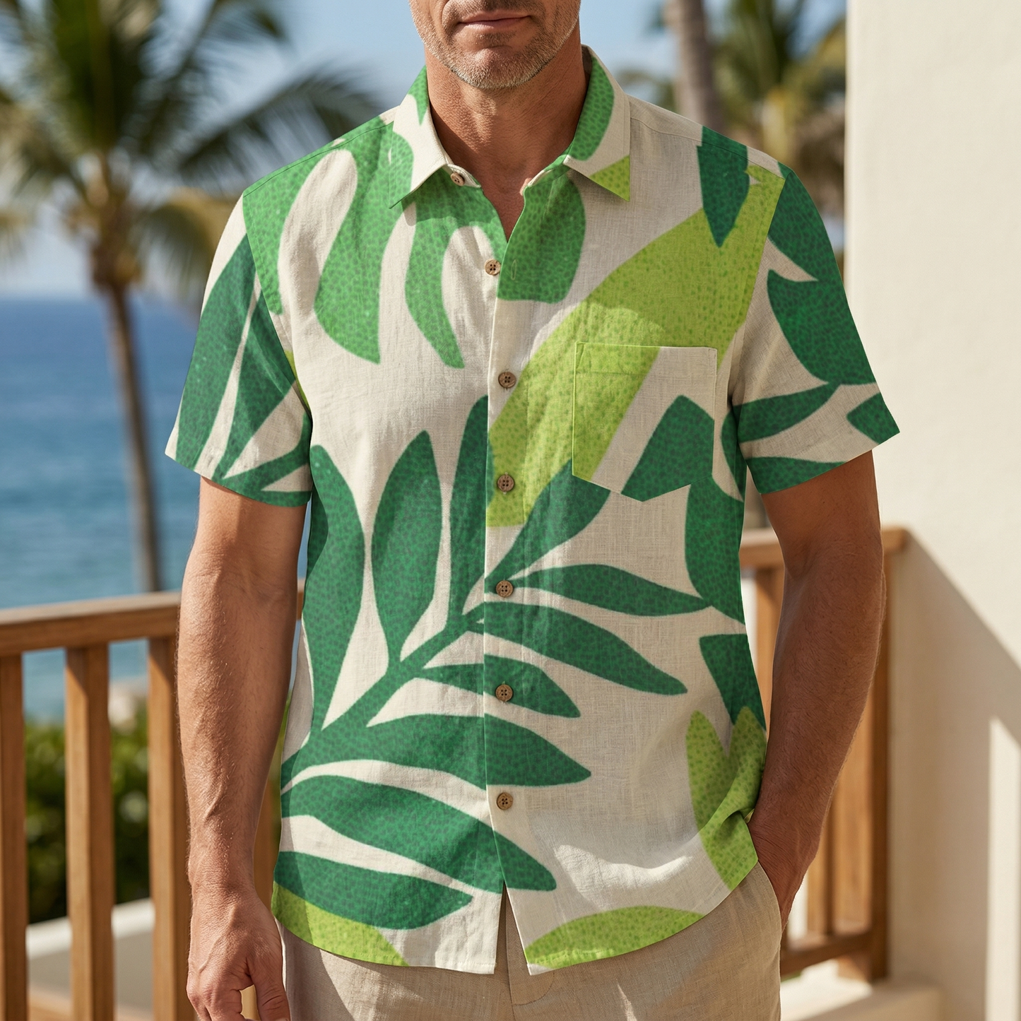 LeosWare® Men's Hawaiian Shirt Short Sleeve Button-up 95% Polyester, 5% Spandex Aloha Verdant Breeze