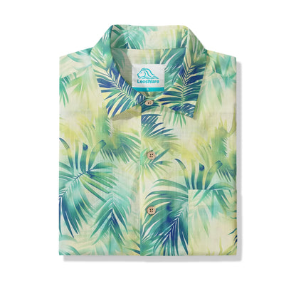LeosWare® Plant Men's Hawaiian Shirt Short Sleeve Button-up 100% Cotton Green Aloha Coconut Breeze - Summer Delight