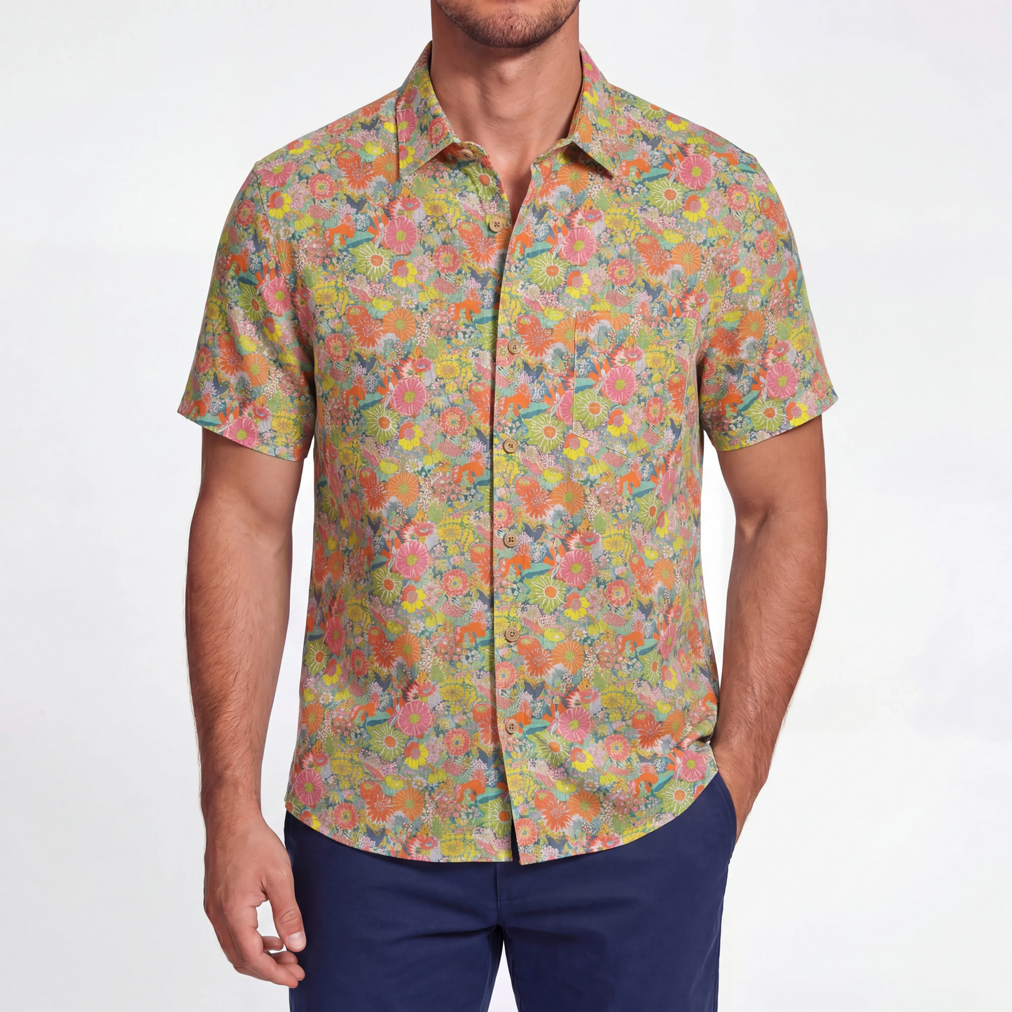 LeosWare® Men's Hawaiian Shirt Short Sleeve Button-up 100% Cotton Green Aloha Spring Blossom Notes