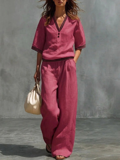 V-Neck Short-Sleeve Shirt & Pants Set – Cotton-Linen Two-Piece