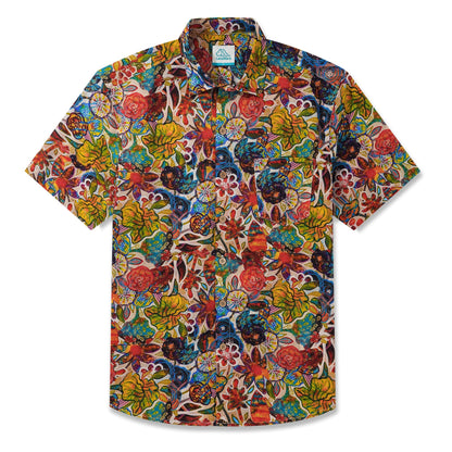 LeosWare® Men's Hawaiian Shirt Short Sleeve Button-up 100% Cotton Red Aloha Colorful Floral Fantasy