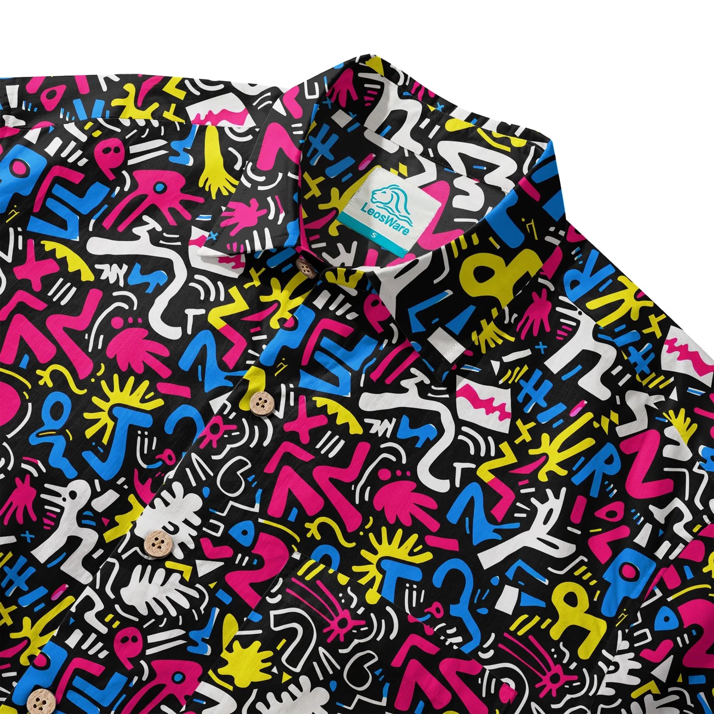 LeosWare® Men's Hawaiian Shirt Short Sleeve Button-up 100% Cotton Black Aloha Graffiti Fun