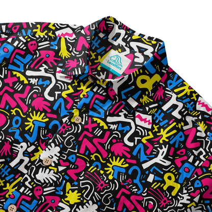 LeosWare® Men's Hawaiian Shirt Short Sleeve Button-up 100% Cotton Black Aloha Graffiti Fun