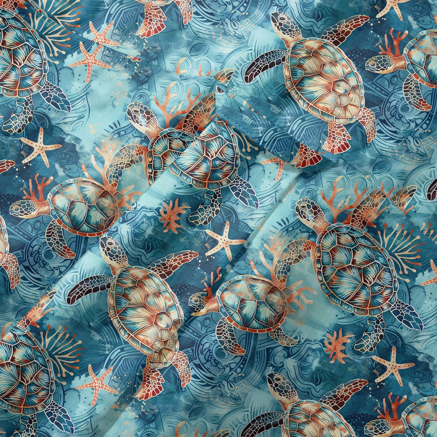 LeosWare® Men's Hawaiian Shirt Short Sleeve Button-up 100% Cotton Blue Aloha Golden Turtle Sea