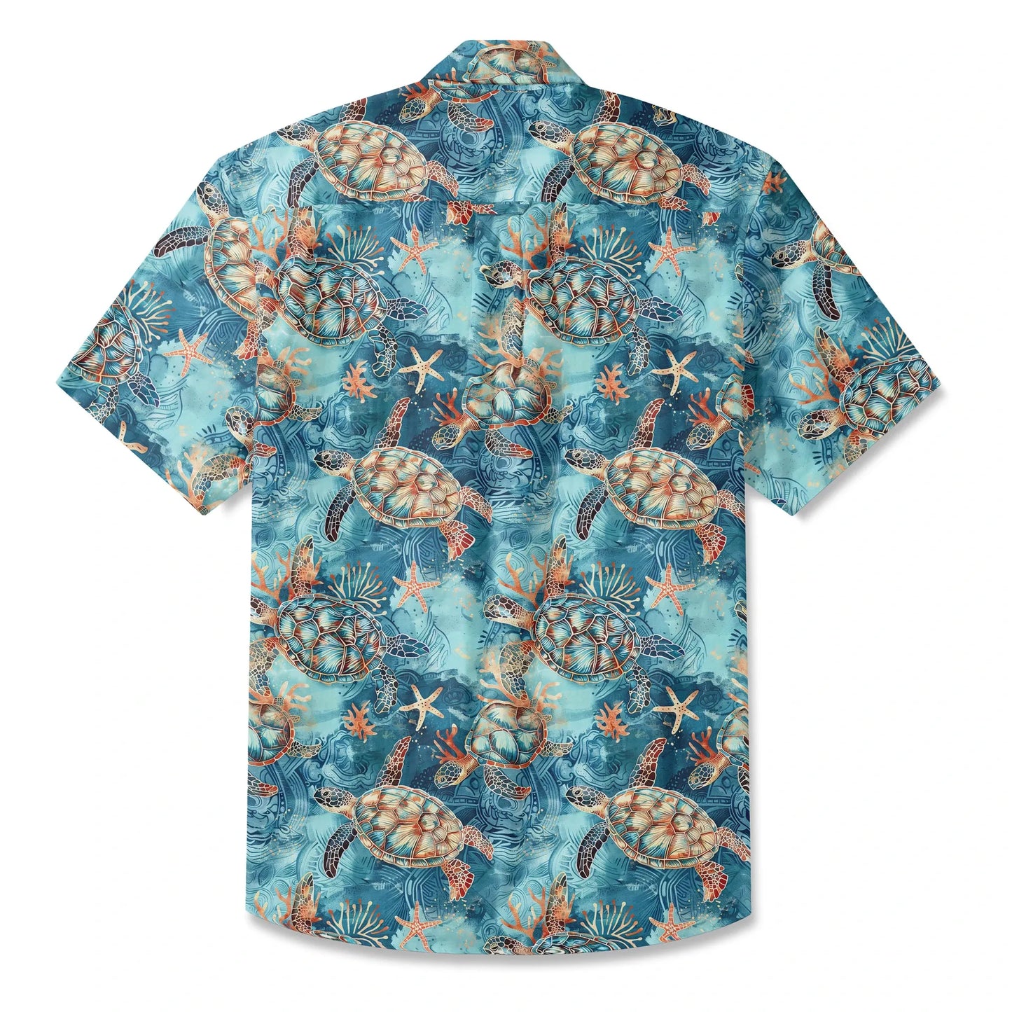 LeosWare® Men's Hawaiian Shirt Short Sleeve Button-up 100% Cotton Blue Aloha Golden Turtle Sea