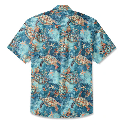 LeosWare® Men's Hawaiian Shirt Short Sleeve Button-up 100% Cotton Blue Aloha Golden Turtle Sea