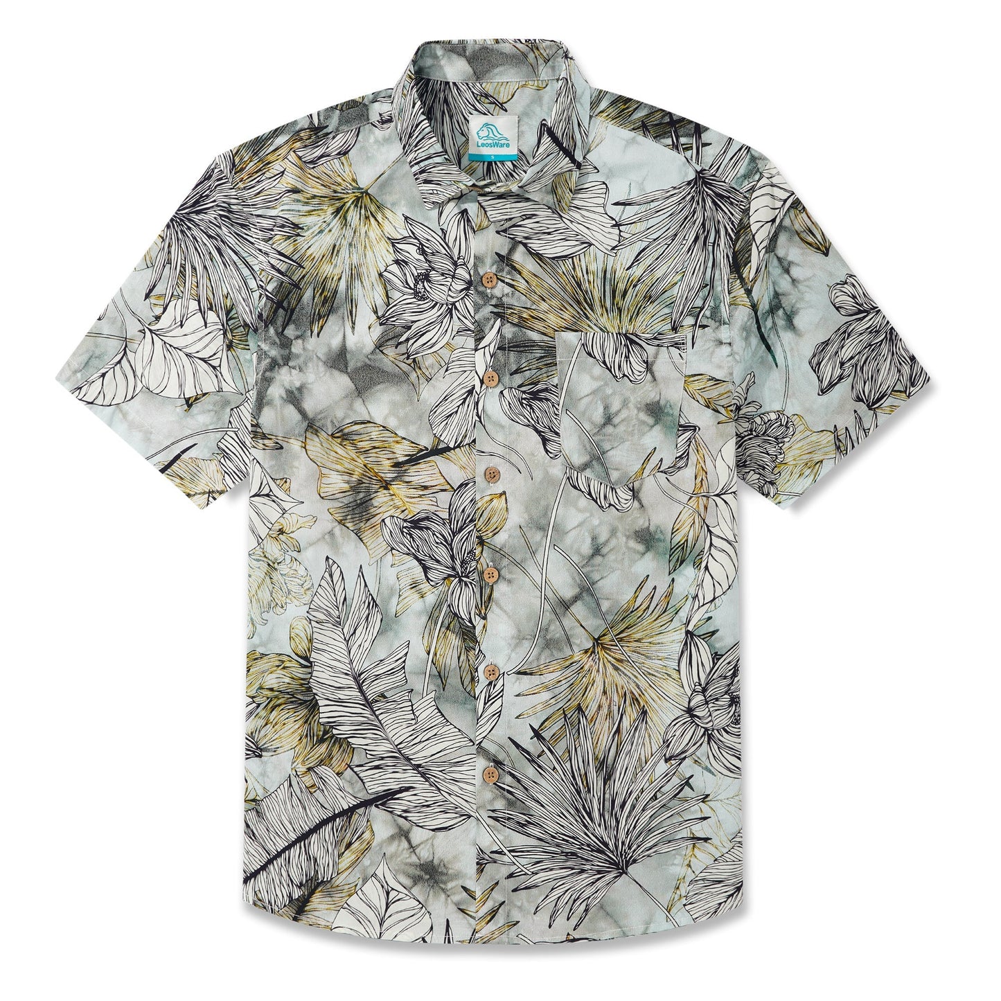 LeosWare® Men's Hawaiian Shirt Short Sleeve Button-up 100% Cotton Green Aloha Fresh Tropical Plant Art