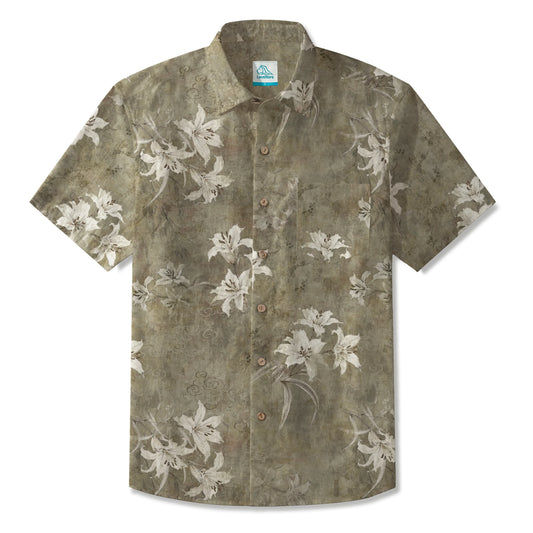 LeosWare® Men's Hawaiian Shirt Short Sleeve Button-up 100% Cotton Brown Aloha Retro Floral Silhouette