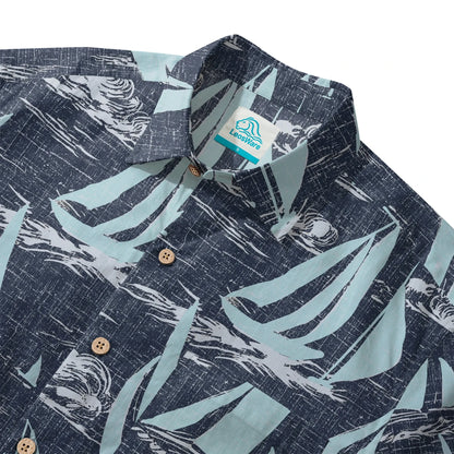 LeosWare® Sailboat Men's Hawaiian Shirt Short Sleeve Button-up 100% Cotton Blue Aloha Sailing To The Horizon