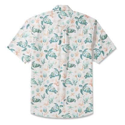 LeosWare® Men's Hawaiian Shirt Short Sleeve Button-up 100% Cotton Blue Aloha Coral Wonderland Of The Sea Turtle