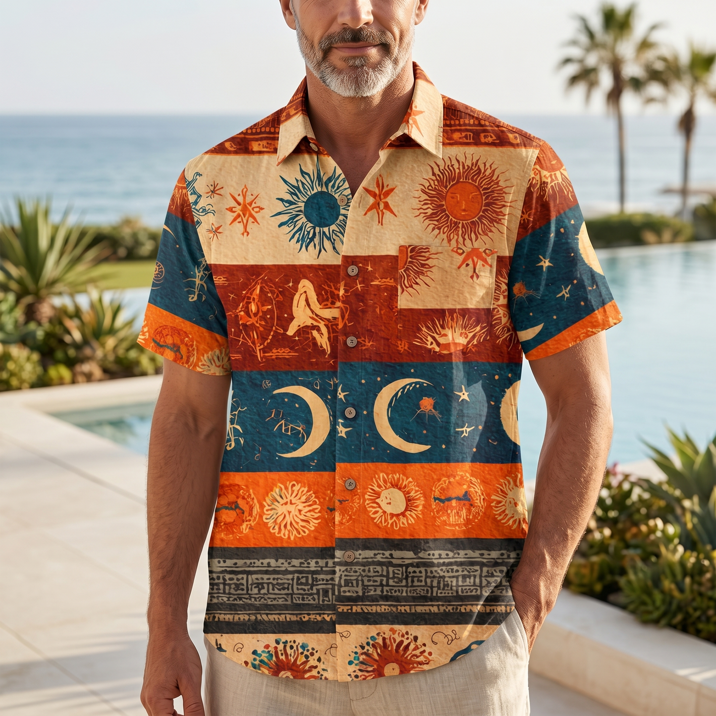 LeosWare® Men's Hawaiian Shirt Short Sleeve Button-up 95% Polyester, 5% Spandex Aloha Solar Runes