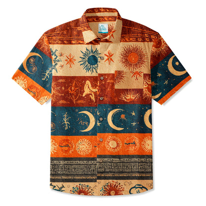 LeosWare® Men's Hawaiian Shirt Short Sleeve Button-up 95% Polyester, 5% Spandex Aloha Solar Runes