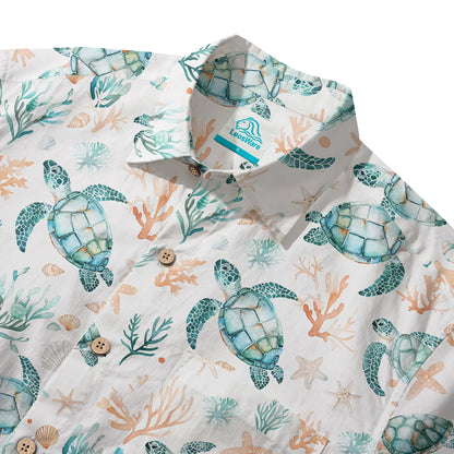 LeosWare® Men's Hawaiian Shirt Short Sleeve Button-up 100% Cotton Blue Aloha Coral Wonderland Of The Sea Turtle
