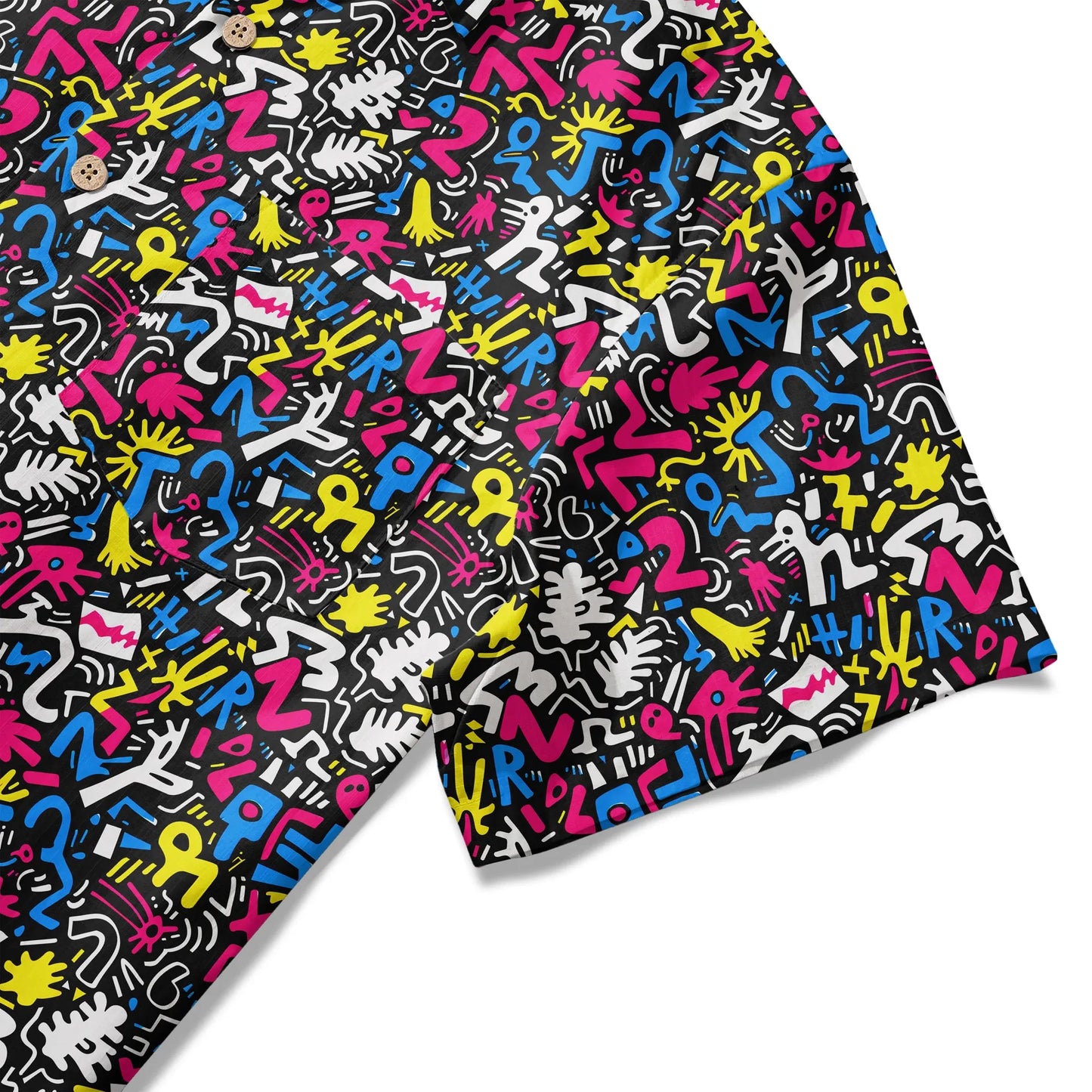 LeosWare® Men's Hawaiian Shirt Short Sleeve Button-up 100% Cotton Black Aloha Graffiti Fun