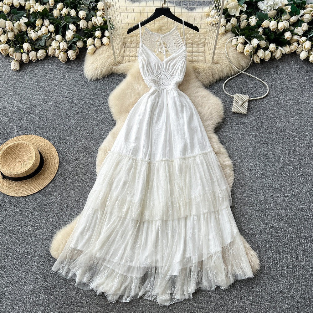 White Lace Halter Beach Dress – Spring-Summer Open-Back Tiered Cake Maxi, Vacation Bridal Sundress