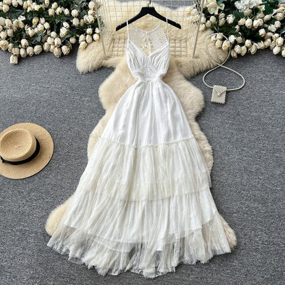 White Lace Halter Beach Dress – Spring-Summer Open-Back Tiered Cake Maxi, Vacation Bridal Sundress