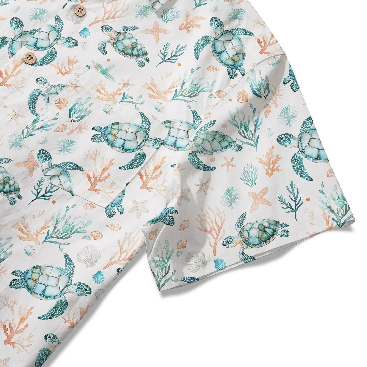 LeosWare® Men's Hawaiian Shirt Short Sleeve Button-up 100% Cotton Blue Aloha Coral Wonderland Of The Sea Turtle