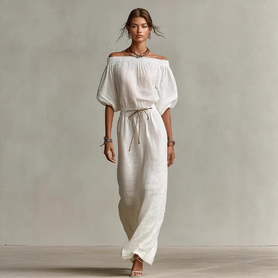 Women's Linen Pants Suit – Solid Color Lantern Sleeve Set