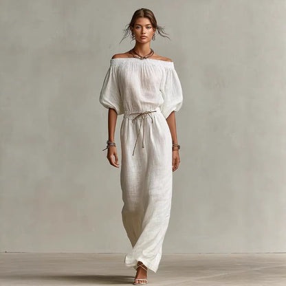 Women's Linen Pants Suit – Solid Color Lantern Sleeve Set