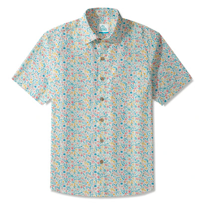 LeosWare® Flower Men's Hawaiian Shirt Short Sleeve Button-up 100% Cotton Beige Aloha Spring Whispers