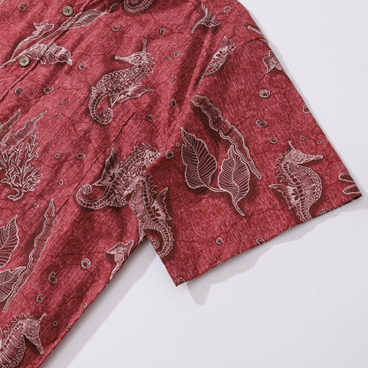 Red Hawaiian Shirt For Men Seahorses Shirt Button-down Short Sleeve 100% Cotton Shirt