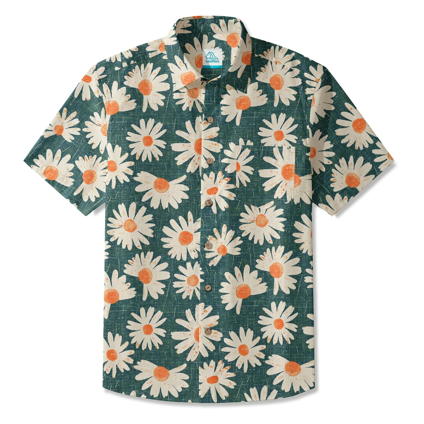 LeosWare® Men's Hawaiian Shirt Short Sleeve Button-up 100% Cotton Green Aloha Daisy Bottom